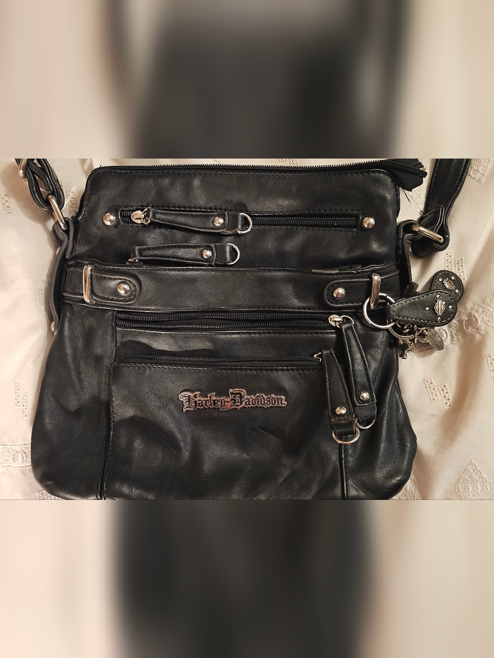 Harley-Davidson Black Leather Zip Front Shoulder Bag